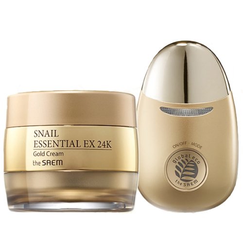 Набор из ионного массажера и антивозрастного улиточного крема The Saem Snail Essential EX 24K Gold Cream Set