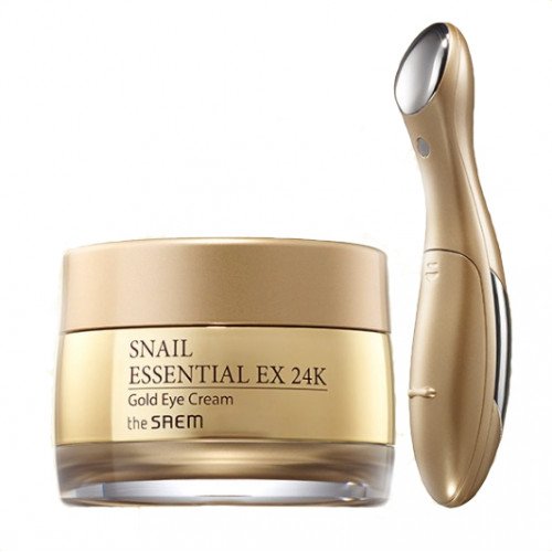 Набор из ионного массажера и антивозрастного улиточного крема вокруг глаз The Saem Snail Essential EX 24K Gold Eye Cream Set